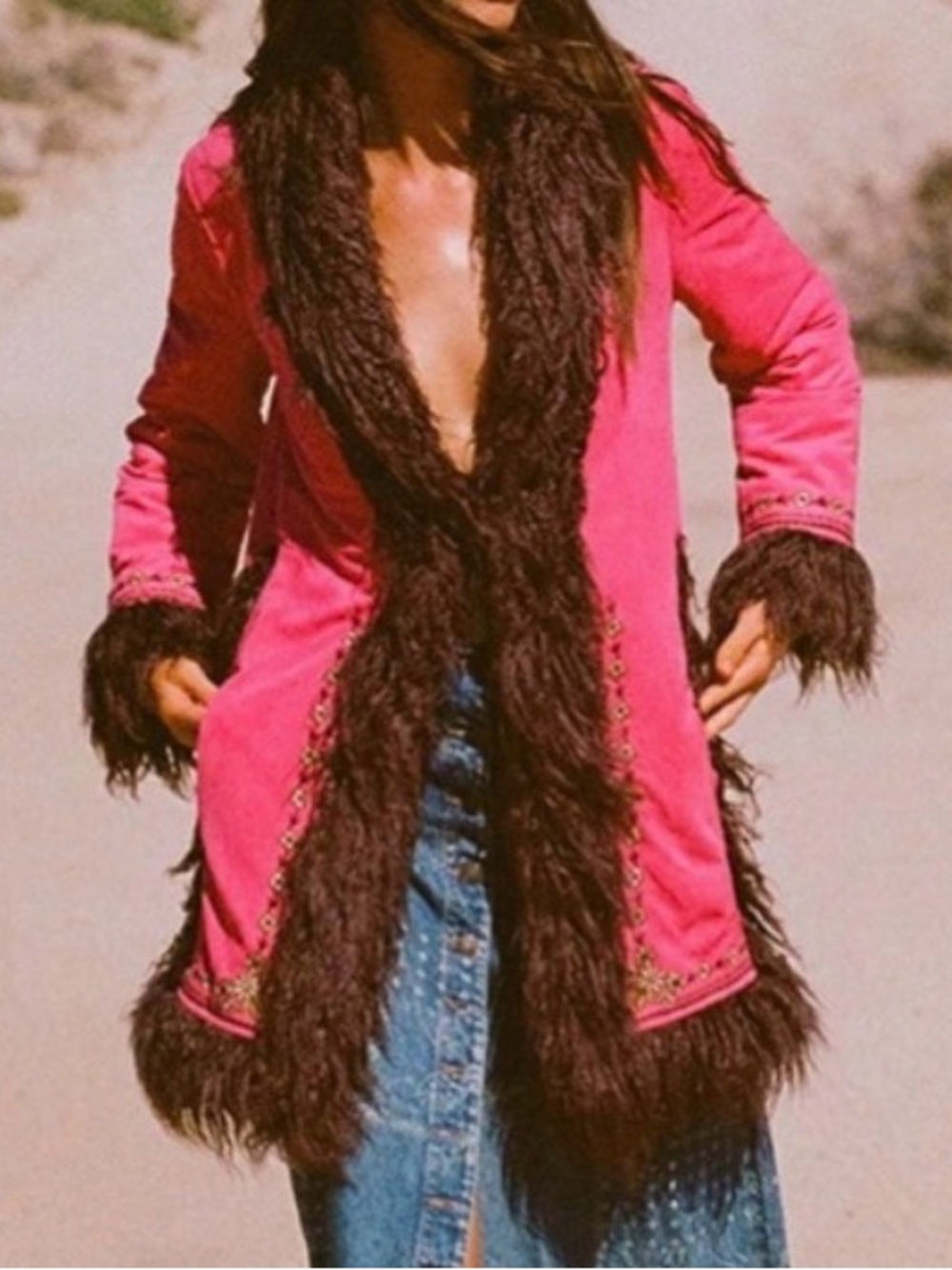 Spell Joplin Pink Coat with Dark Brown Faux-Fur Trim